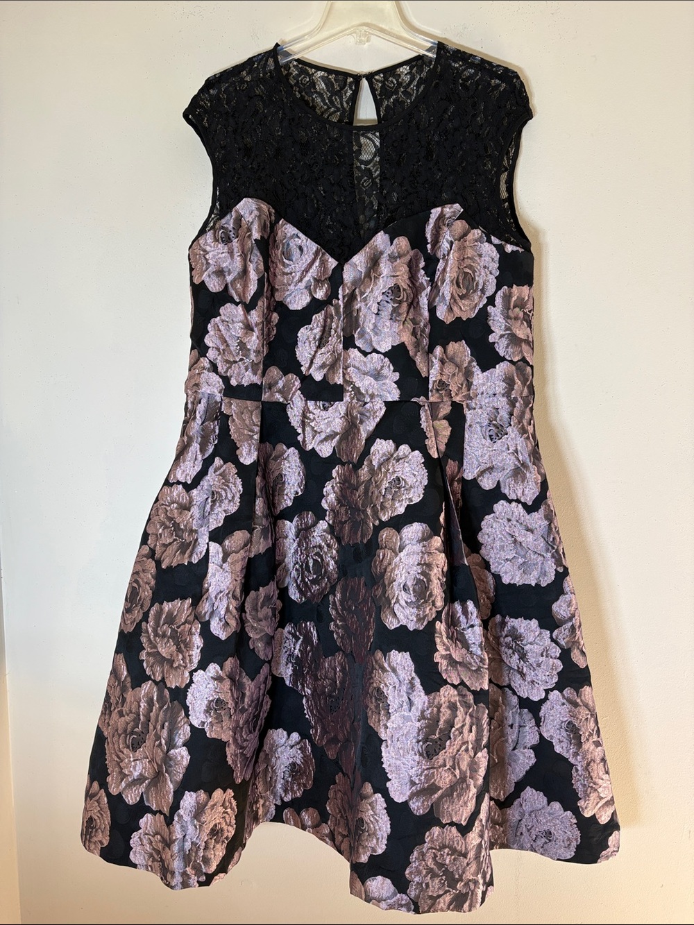 City Chic Black Dress with Blush Rose Floral Jacquard